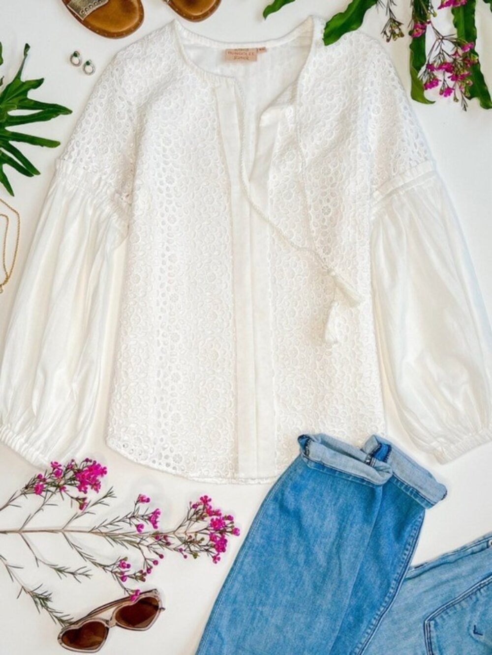 Rungolee Eyelet Peasant Blouse White Boho Puff Sleeve Medium